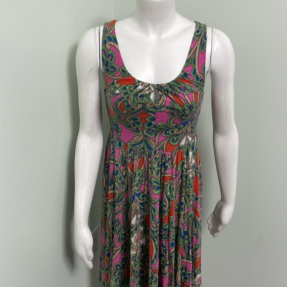 ANTHROPOLOGIE Lilka Seaglass Pink Green Paisley Printed Keyhole Midi Dress Small - Picture 4 of 12